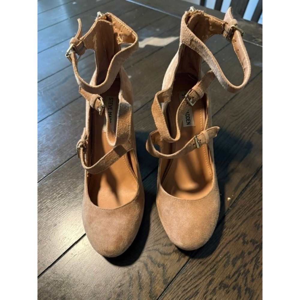 Steve Madden Tan Suede Multi Strap Block Heel Pumps Back Zip Tan Tan 7.5